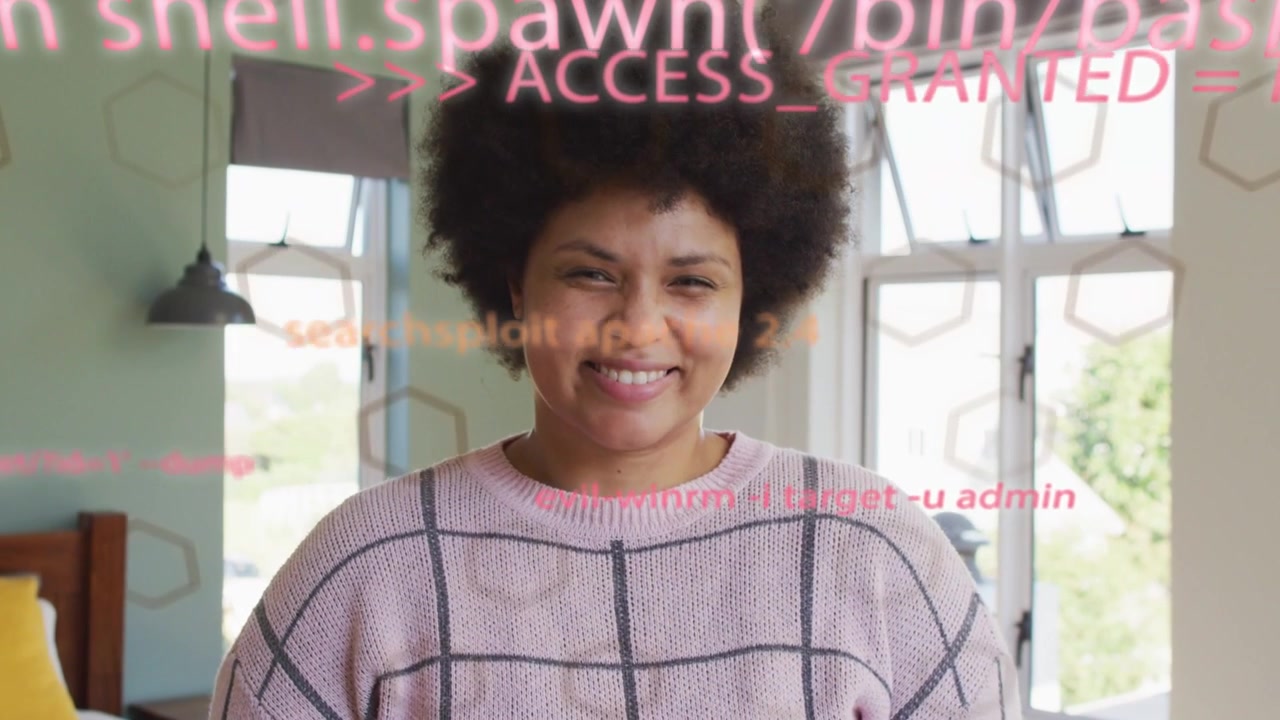 Woman standing in bedroom smiling as pink tech code overlay shifting down revealing ACCESS_GRANTED