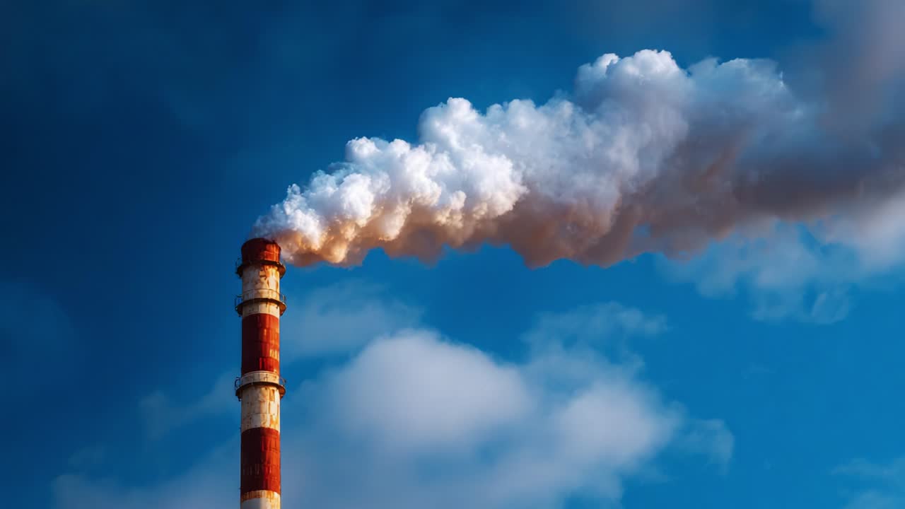 Industrial Chimney Emitting Smoke Against Blue Sky