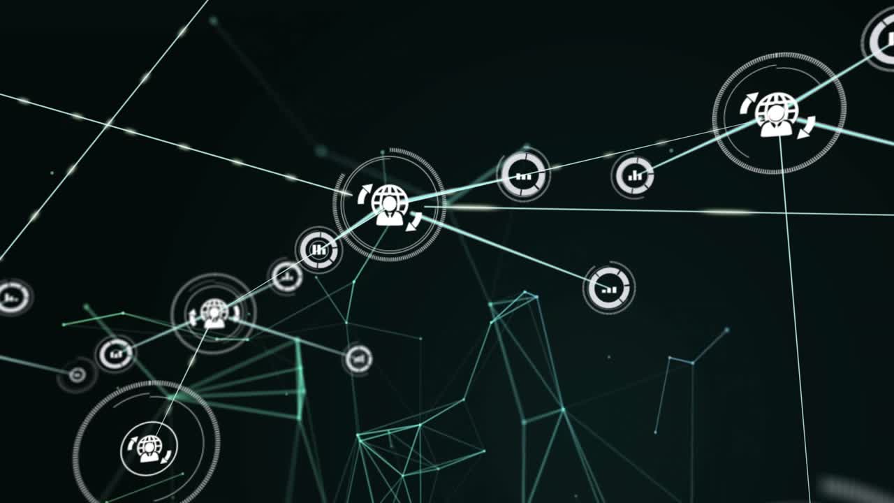 3D-netværk visualiserer glødende globusikoner og søjlediagrammer, der forbinder noder med trådrammeformer