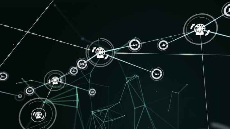 3D-netværk visualiserer glødende globusikoner og søjlediagrammer, der forbinder noder med trådrammeformer