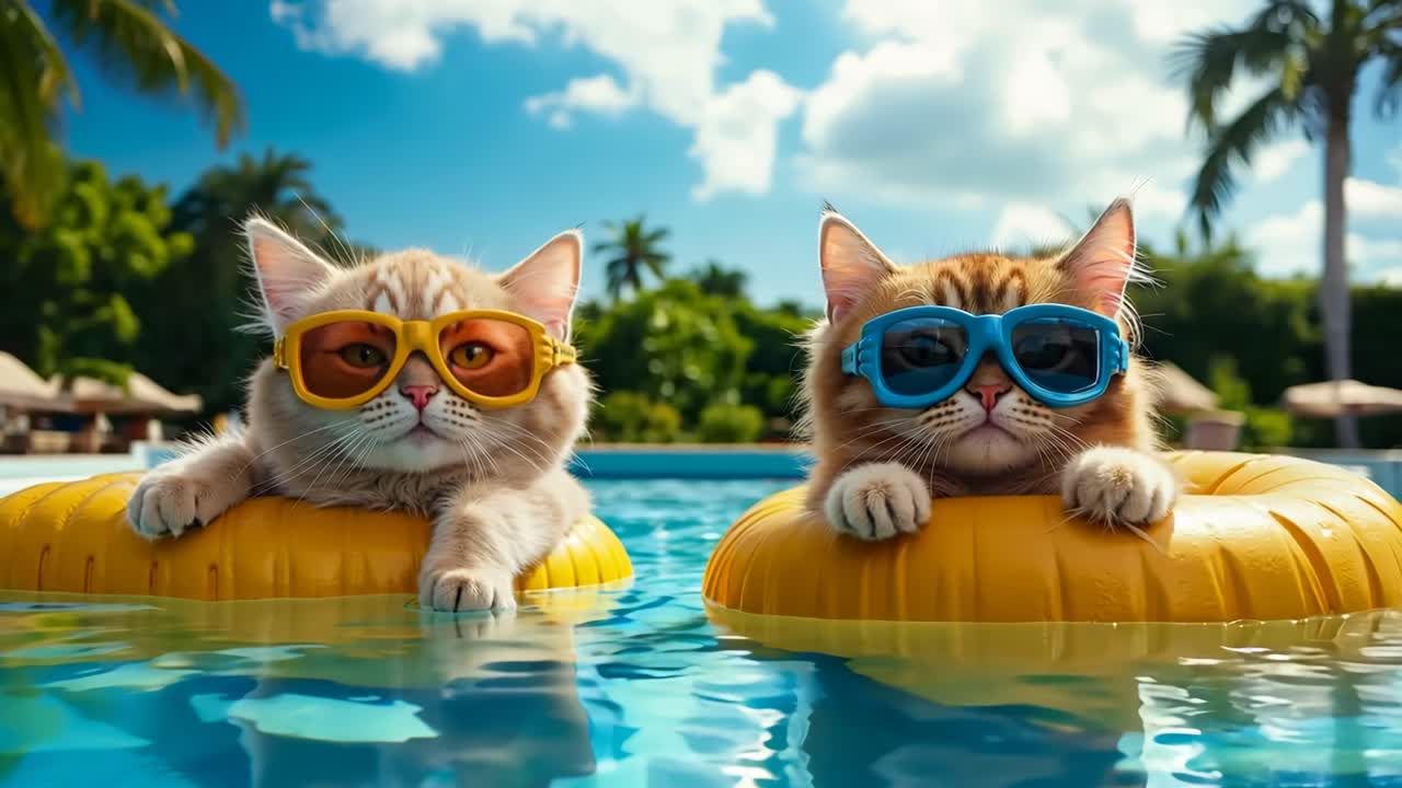 Two cats wearing sunglasses in a swimming pool
