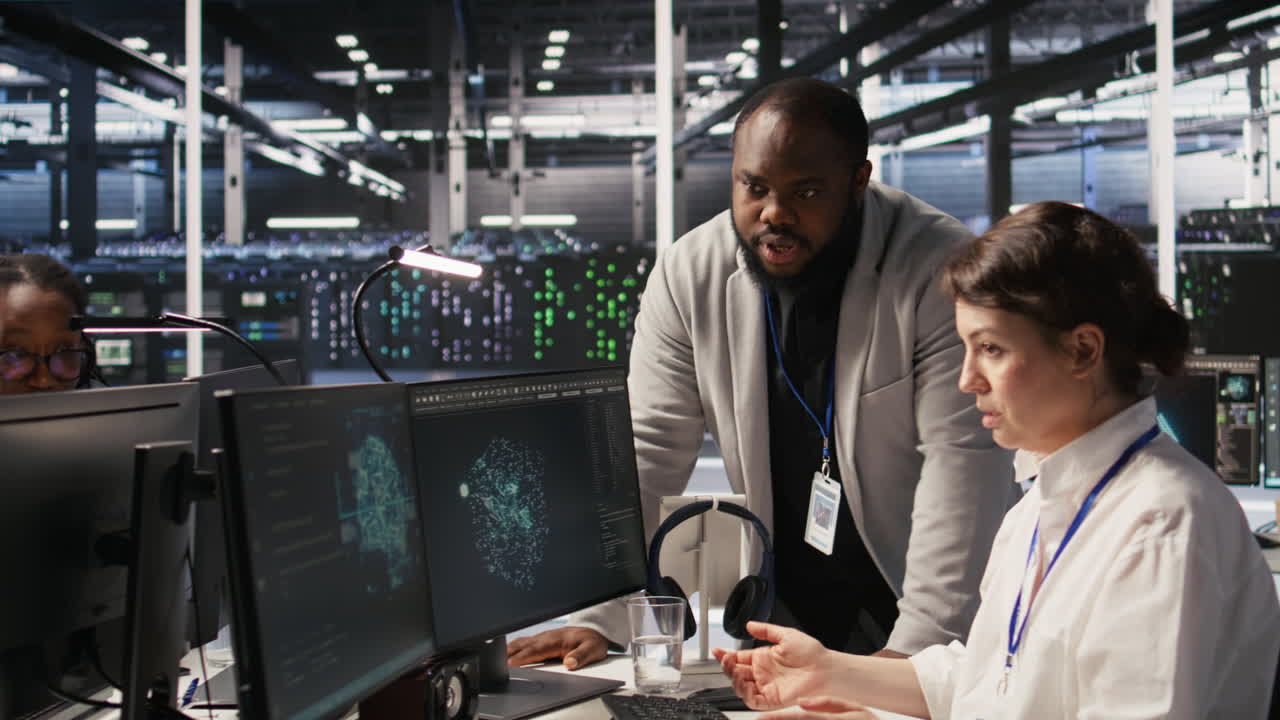 Vertical video Jolly data center engineering team pleased after finishing system maintenance