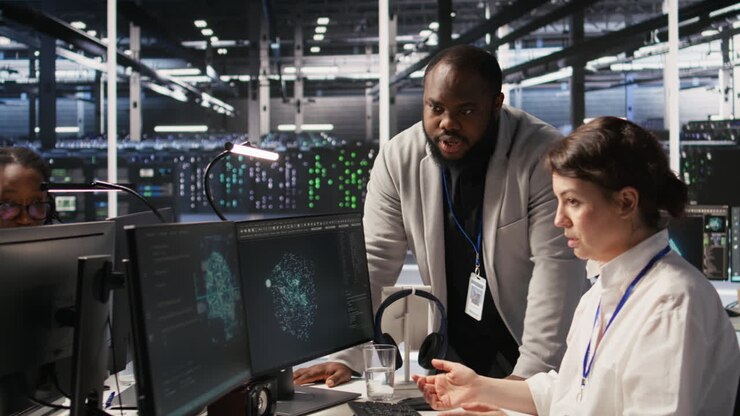 Vertical video Jolly data center engineering team pleased after finishing system maintenance