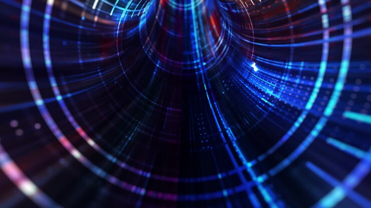 Luci al neon astratte, tunnel futuristico Sci-Fi Hi-Tech di realtà virtuale. Grafica in movimento futuristica. Bagliore di luce al neon ultravioletta. Rendering 3D 4K, loop continuo.