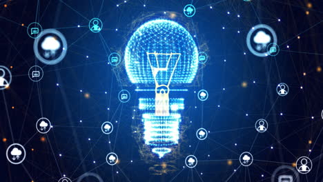 animation of light bulb spinning with network of connections on blue background