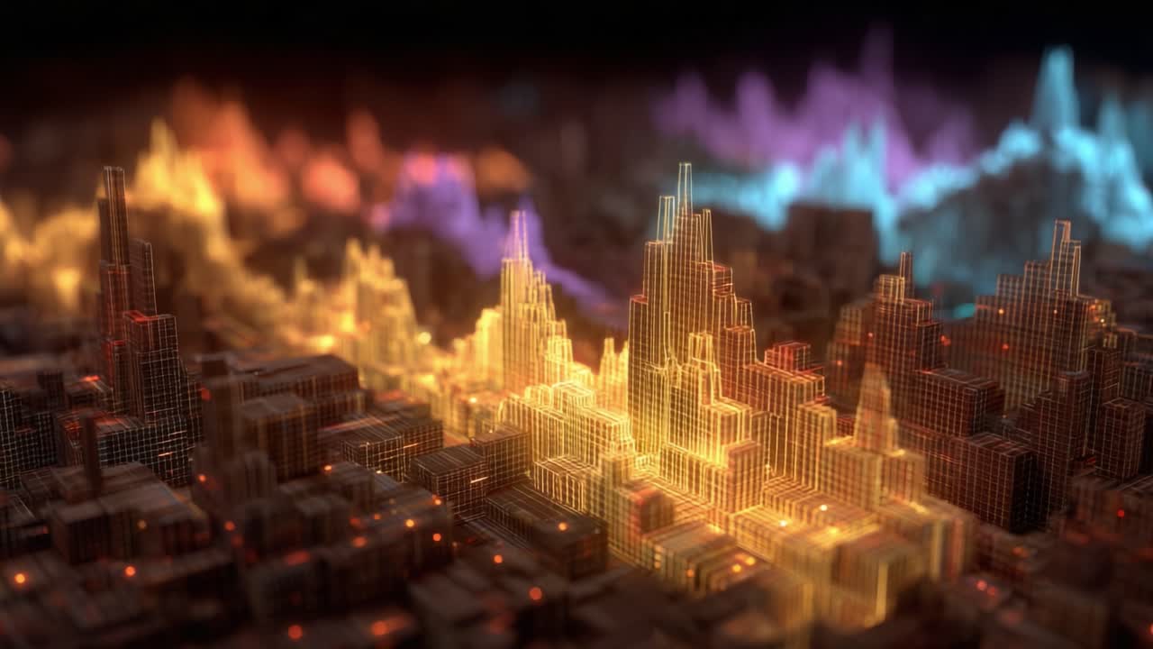 A Stunning Visualization of an Abstract Cityscape with Vibrant Color Gradients and 3D Structures, Showcasing Landscape Dynamics and Urban Complexity