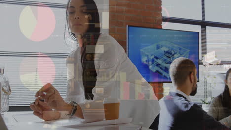 mujer de negocios analizando datos gráficos animación en la oficina reunión con colegas