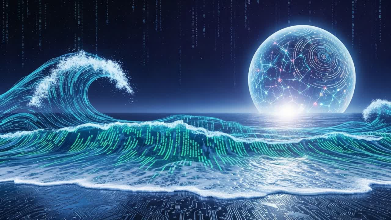 A Digital Ocean Wave Unfolds Under a Glowing Celestial Sphere, Merging Nature with Technology in a Captivating Visual Experience