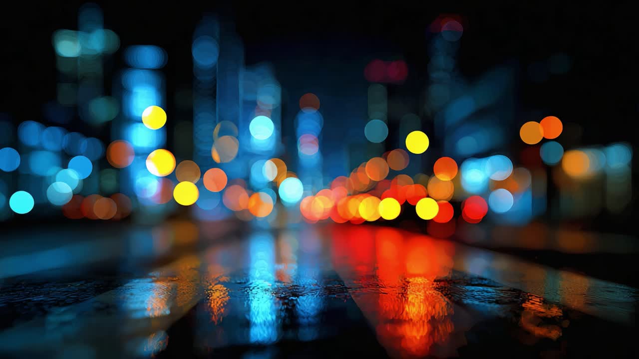 Eine lebendige Stadtlandschaft bei Nacht, die reflektierte Lichter auf nassem Asphalt, verschwommene Bokeh-Effekte und urbanes Leben in einer dynamischen, farbenfrohen Atmosphäre zeigt.