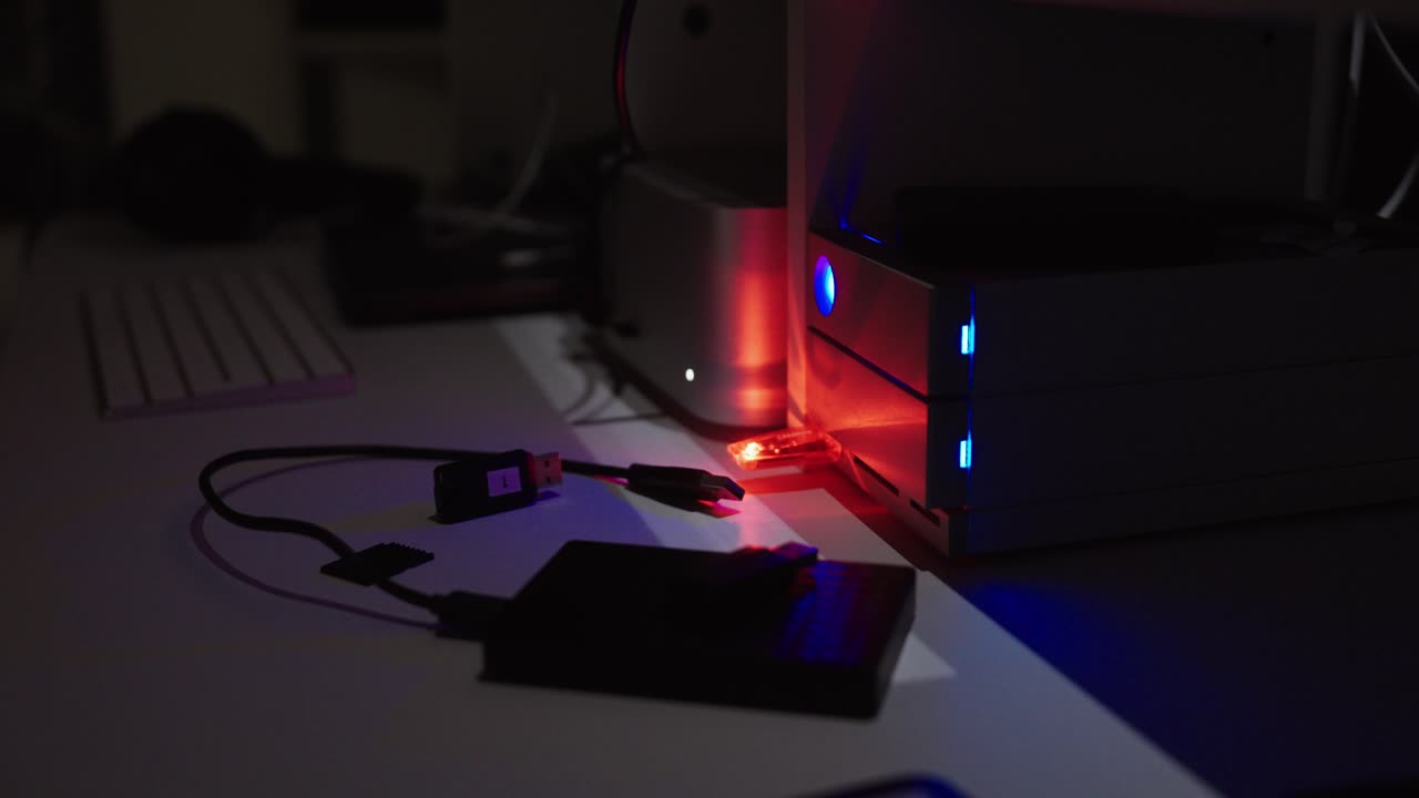Close-up of a desktop server with blue indicator LEDs and a blinking red light, suggesting data transfer, system activity, or potential error notification in a dark office environment