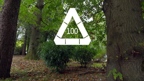 Triangle with number 100 animation over forest landscape with trees and bushes