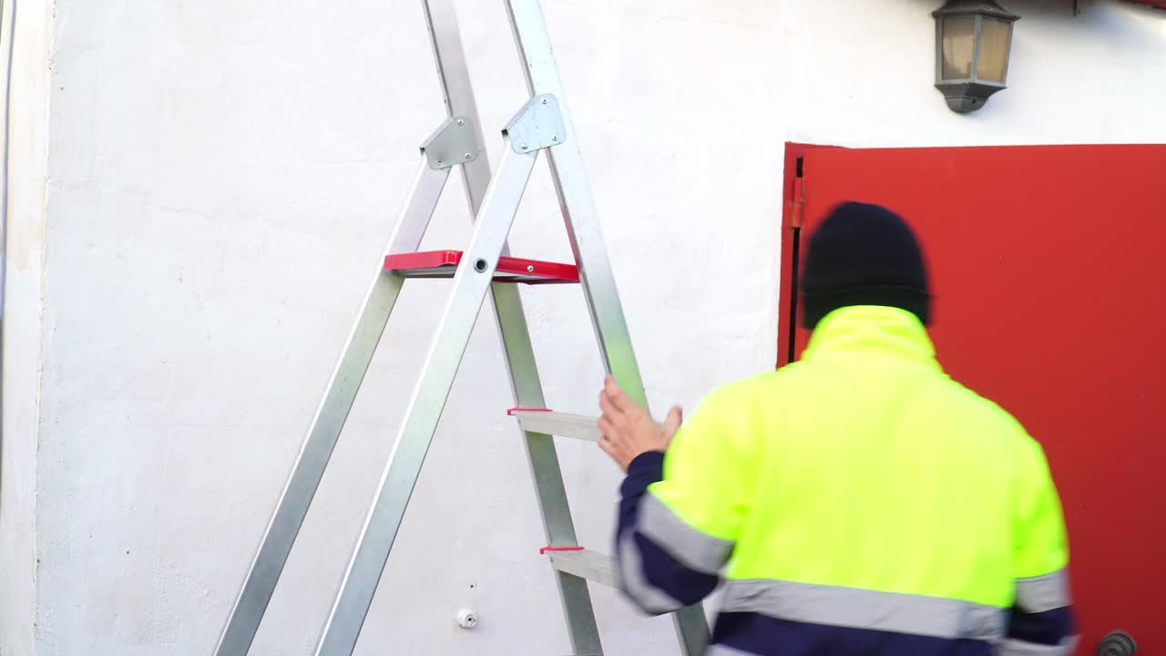 Maintenance Guy Wearing Uniform Setting Up His Ladder To Work
