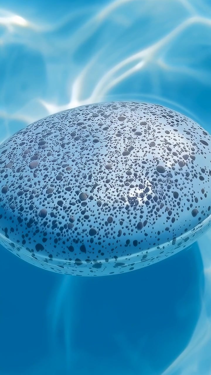 Video verticale: Un galleggiante ovale maculato, spinto dalle increspature, che si avvicina nella piscina, con luce caustica.