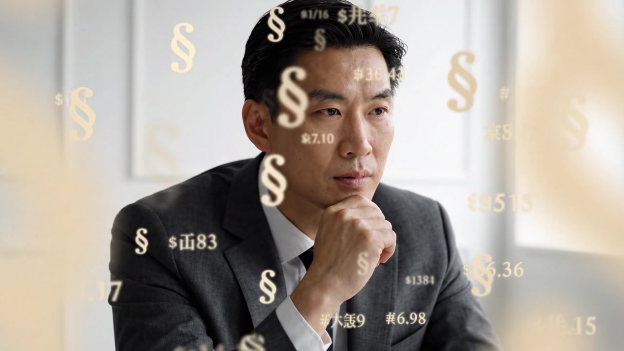 モダンなオフィスに座り、浮かぶドル記号やシンボルに囲まれながら、財務上の決定と法的影響を熟考する思慮深いビジネスマン