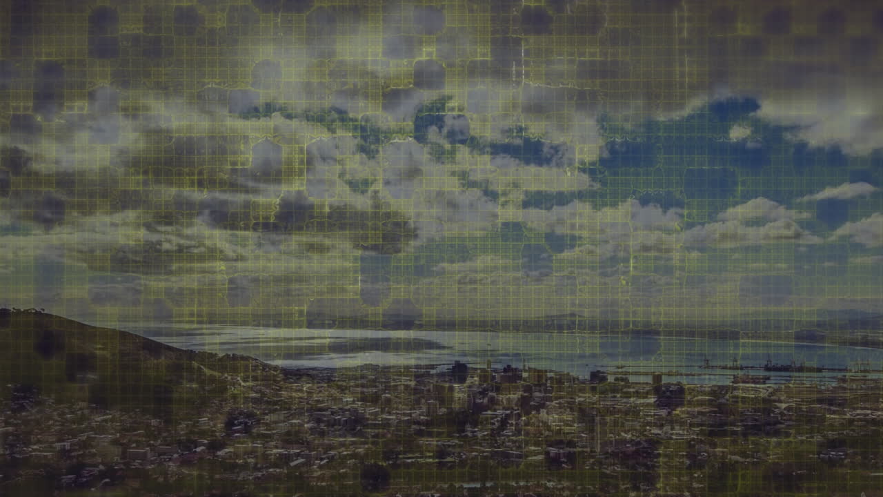 animación de cuadrados en movimiento sobre el paisaje urbano