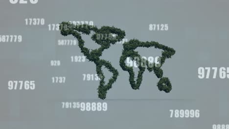 Animation-of-numbers-changing-over-world-map-contoured-with-trees-on-blue-background