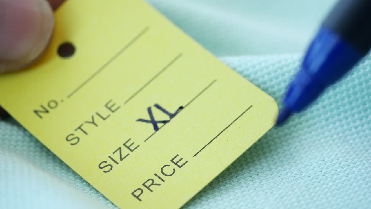 Close-up of a yellow tag with the size XL written on it