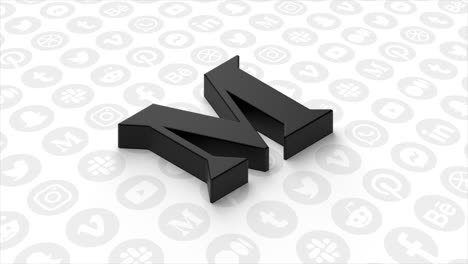 3d rendered black capital letter m surrounded by social media icons
