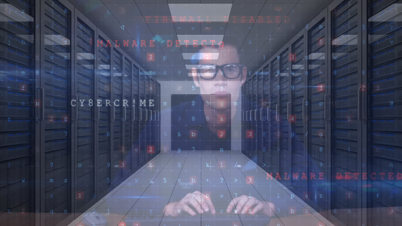 Animation of cyber attack warning text and numbers processing over male hacker and computer servers