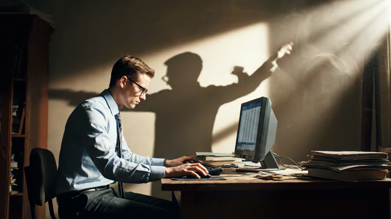 Man working at computer with dramatic shadow