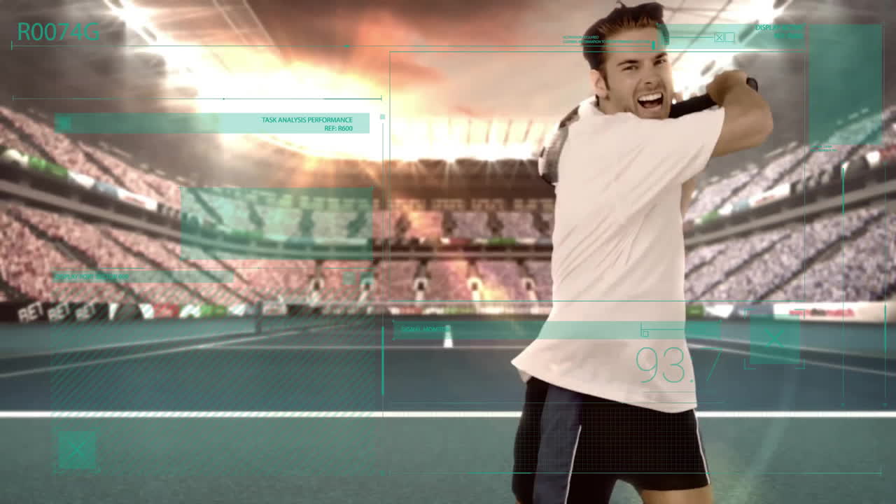 Tennis player swinging racket with data analysis animation overlaying stadium scene