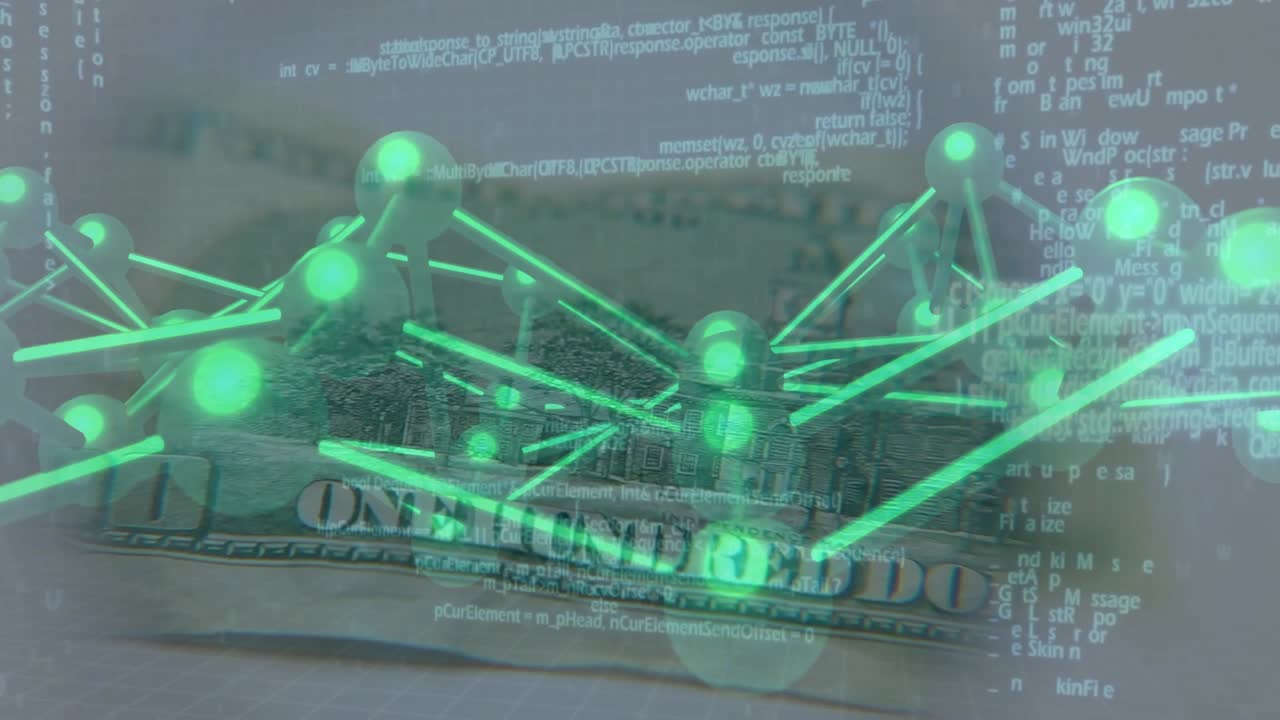 Playback starting, neon green network shifting and revealing US $100 bill, code visualizing finance