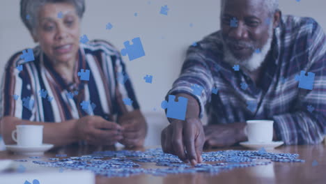 animation of puzzle over senior african american couple talking