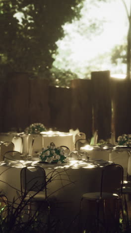 Elegant outdoor dining setup in a serene forest location during golden hour