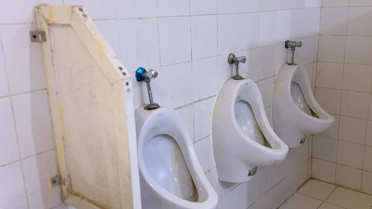 Vista ravvicinata statica di tre orinatoi in ceramica bianca montati su una parete piastrellata all'interno di un bagno pubblico usurato, che mostra macchie, un pannello divisorio e sanitari interni.