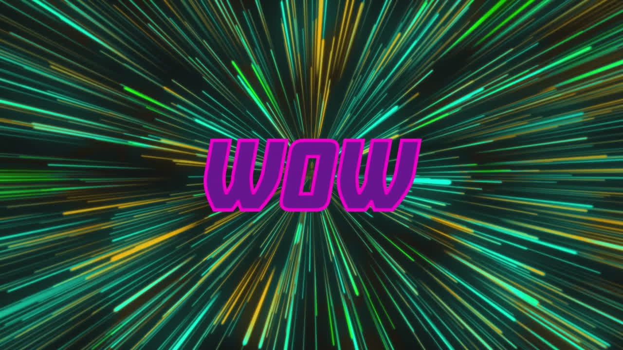 Animation of wow text over light trails on black background