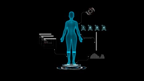 4k 3d animation of user interface hud with woman body analysis and dna moving on dark background for cyber futuristic concept with grain processed