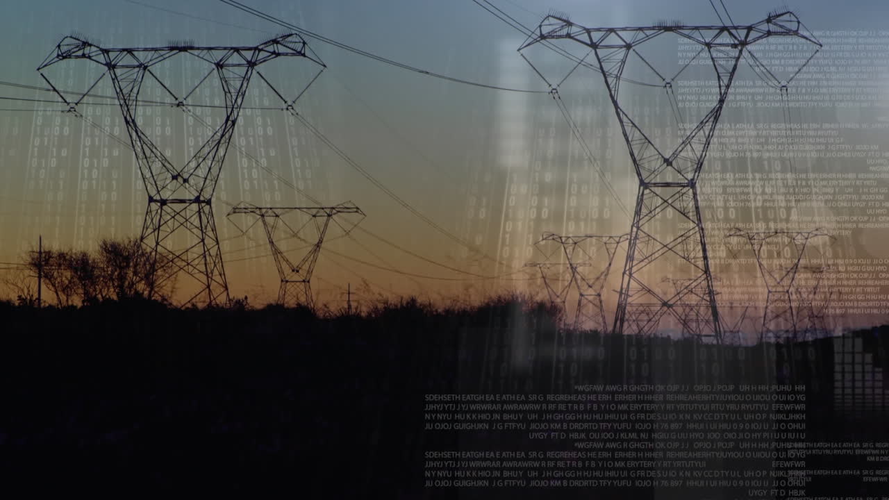 전기 기둥과 함께 풍경 위의 데이터 처리 및 바이너리 코딩의 애니메이션
