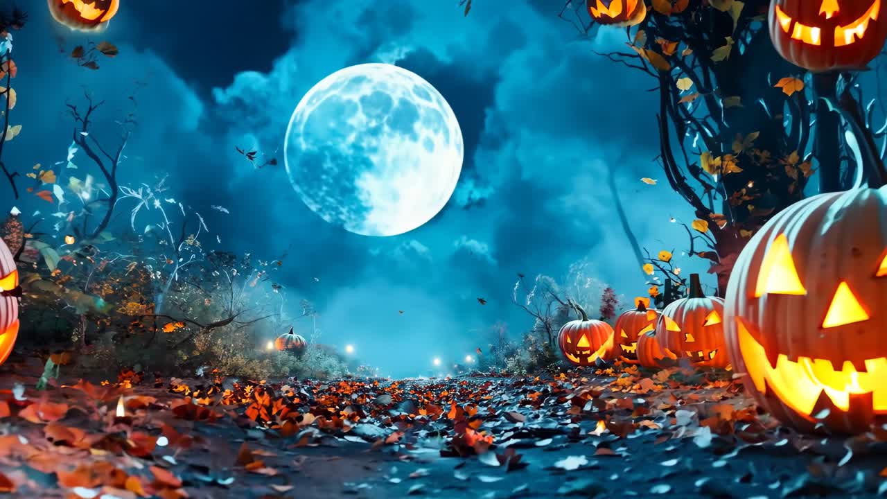 un grupo de linternas de jack-o en un bosque con una luna llena en el fondo