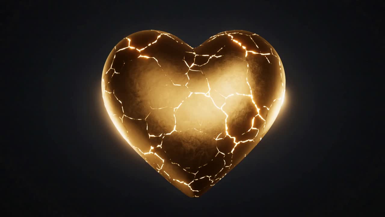 Cuore dorato incrinato che rilascia luce come frammenti fusi al centro del vuoto, spargendo scintille