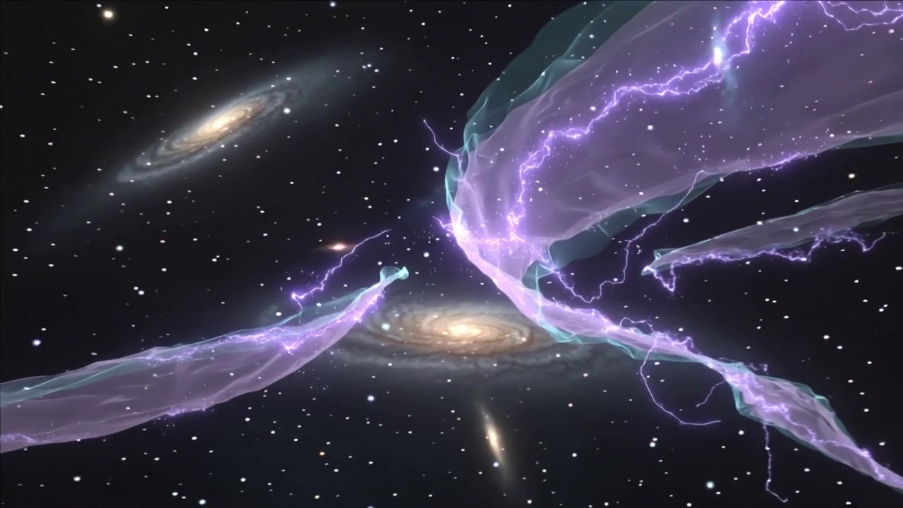 Arcing plasma ribbons weaving near spiral galaxies as left ribbon nearing, forming knot with sparks
