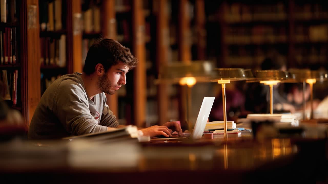 Focused Student Engaged in Serious Study at Library Desk with Laptop, Surrounded by Books and Warm Lighting