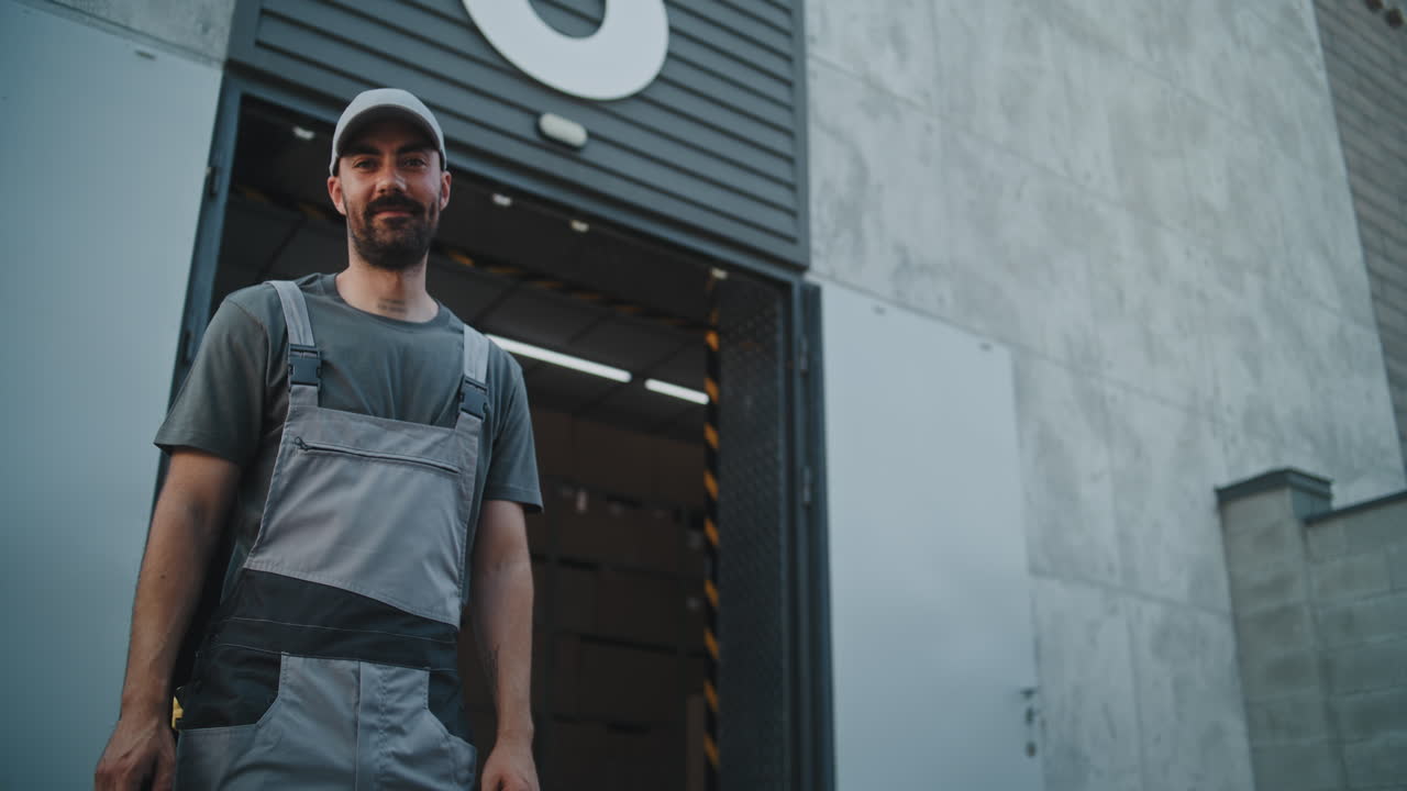 Delivery Personnel at a Warehouse Entrance