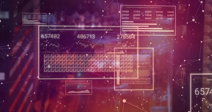 Interfaccia olografica che appare su pannelli stradali al neon sfocati che scorrono, etichette numeriche che aggiornano la visualizzazione