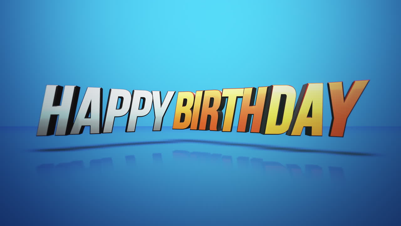 colorido texto de feliz cumpleaños renderizado en 3d que se refleja en la superficie azul