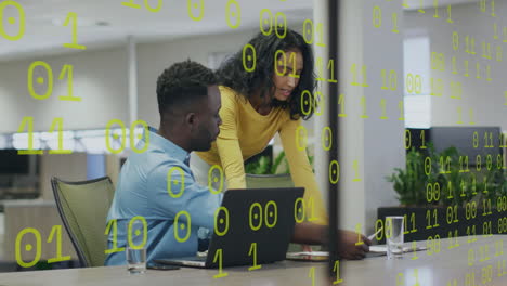 animation of binary coding over diverse colleagues discussing work