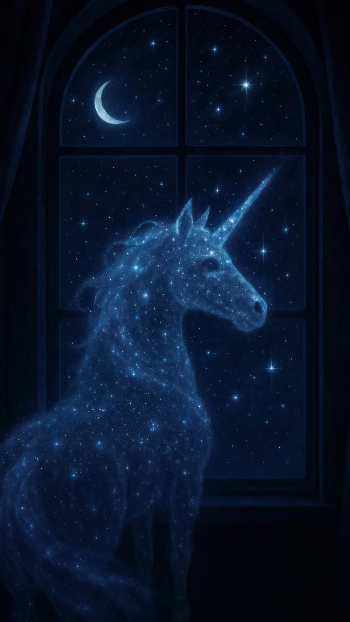 A mystical unicorn made of stars gazes out a window at a crescent moon