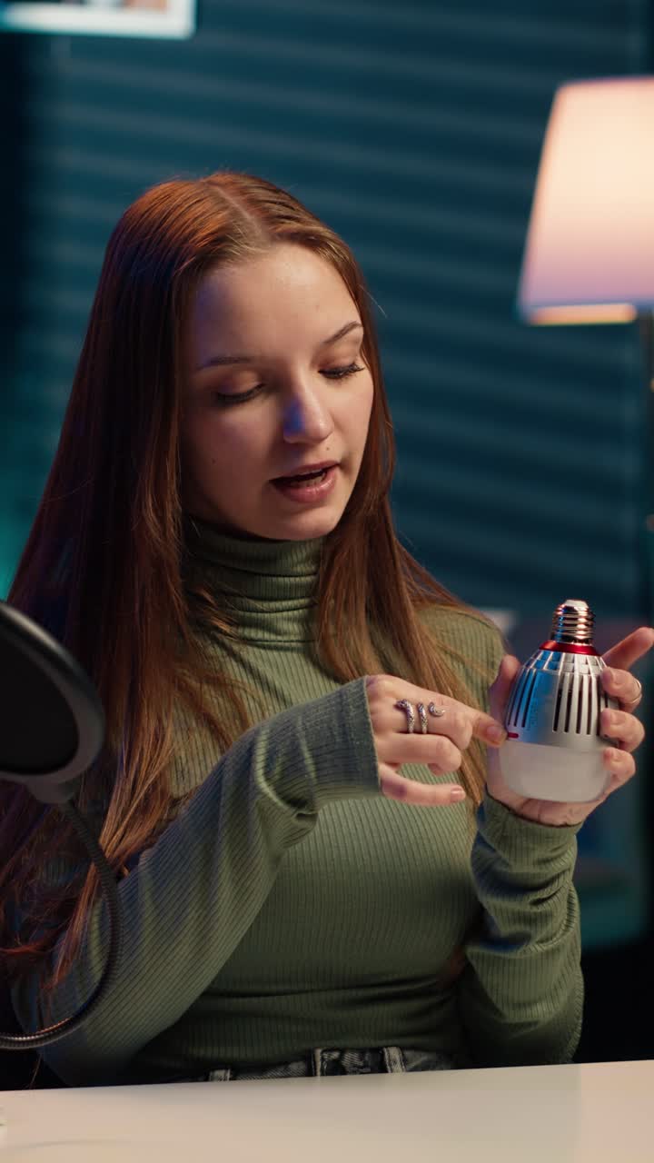Giovane donna che mostra una lampadina smart in uno studio domestico