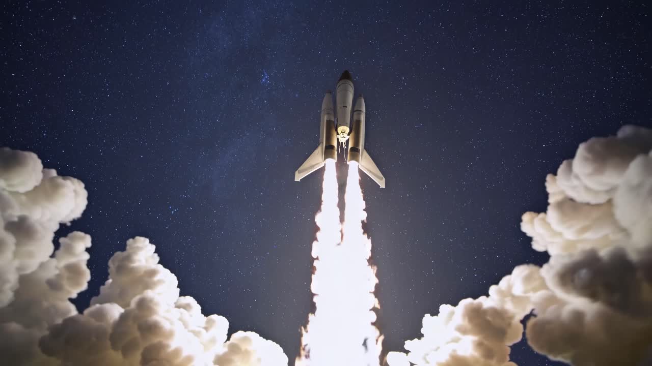 A dramatic low-angle shot of a rocket launching into a starry night sky, capturing the power