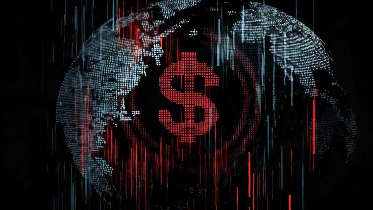 Abstract digital earth rotating with a red dollar sign symbol appearing, representing concepts of global economy, international finance, business, trade, and the impact of money on the world