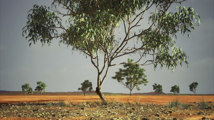 Eucalyptus trees stand tall in a vast australian outback landscape