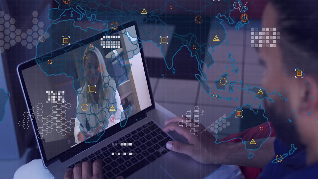 Man positioning laptop joining consult call, woman gesturing while HUD overlay layering atop laptop