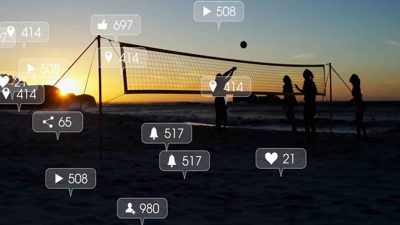 Playing beach volleyball at sunset, people with animation of social media icons