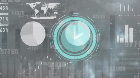 Animation-Der-Digitaluhr,-Wechselnde-Zahlen,-Infografik-Schnittstelle-Gegen-Regen-In-Der-Stadt