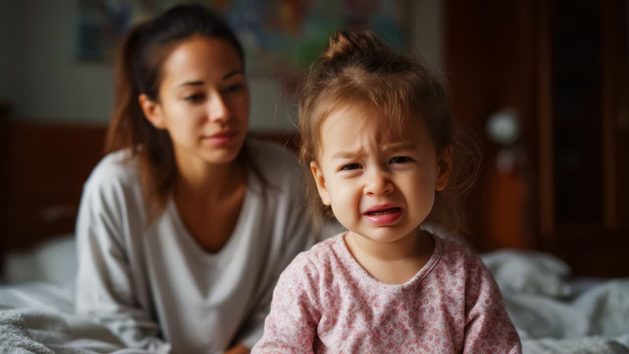 A chilling moment captured in time depicts a concerned mother watching over her distressed toddler, expressing strong emotions of worry, confusion, and anxiety in a cozy, intimate bedroom setting