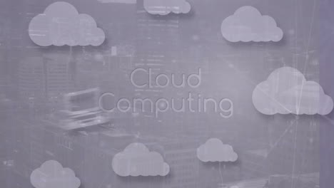 animación de texto de computación en la nube e iconos de medios sobre el paisaje urbano